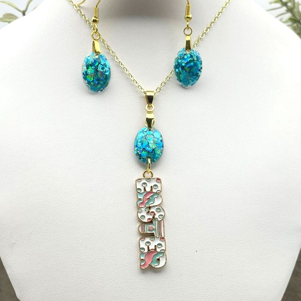 Handmade Blue Glitter Resin & Gold Tone Easter Pendant Necklace Jewelry Set